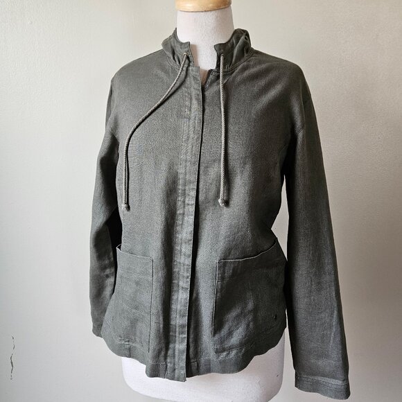 Chicos Size 0/S/4 100% Linen Olive Green Lightweight Zip Jacket With Hood - Picture 1 of 8